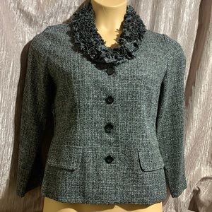 Danny & Nicole Blazer Jacket Black Ruffle Neckline Size 8P Long Sleeves Buttons